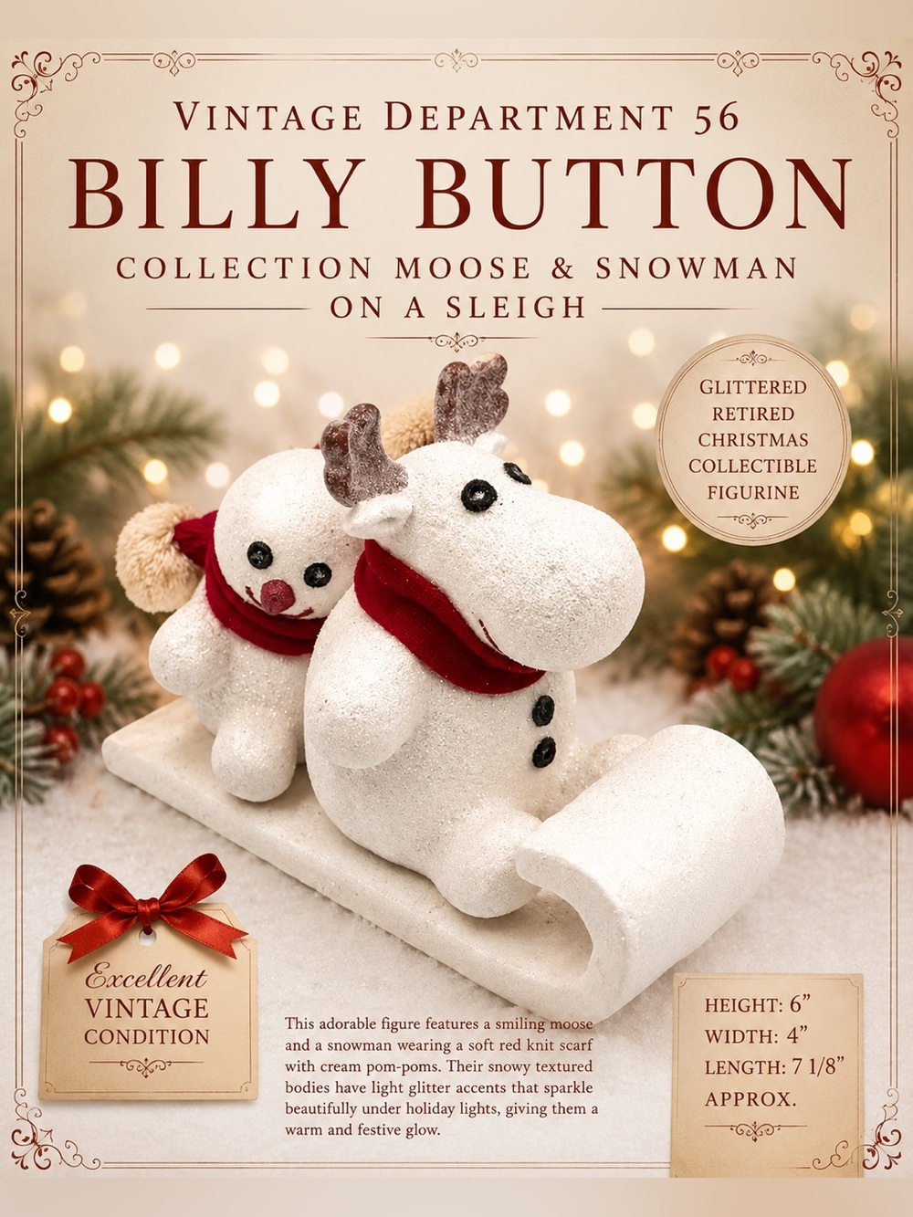 Department 56 Billy Button Moose & Snowman Sleigh Retired Christmas Figurine